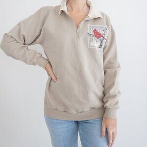 Vintage Taupe Cotton Blend Puff Print Red Cardinal Quarter Zip Sweater M